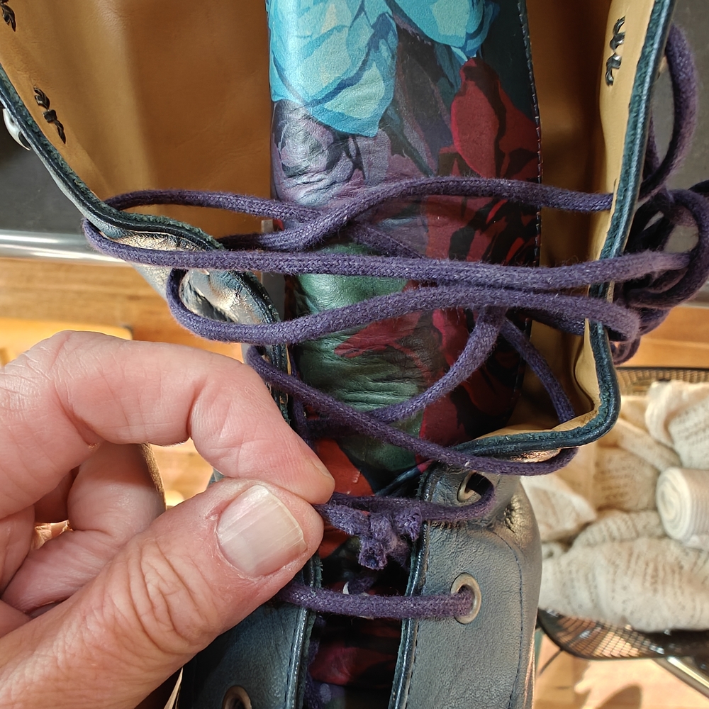 John Fluevog "Optimist" Teal and Floral Lace Up Boots - Picture 7 of 8